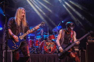 Y&T members John Nymann, Mike Vanderhule and Aaron Leigh performing live at VooDoo Lounge inside Harrah's North Kansas City Casino & Hotel on May 11, 2017.