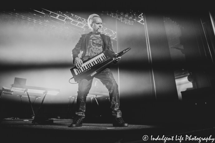 English electro artist Howard Jones live in concert on the keytar with keyboard player Robbie Bronnimannat at Ameristar Casino in Kansas City, MO on June 22, 2019.