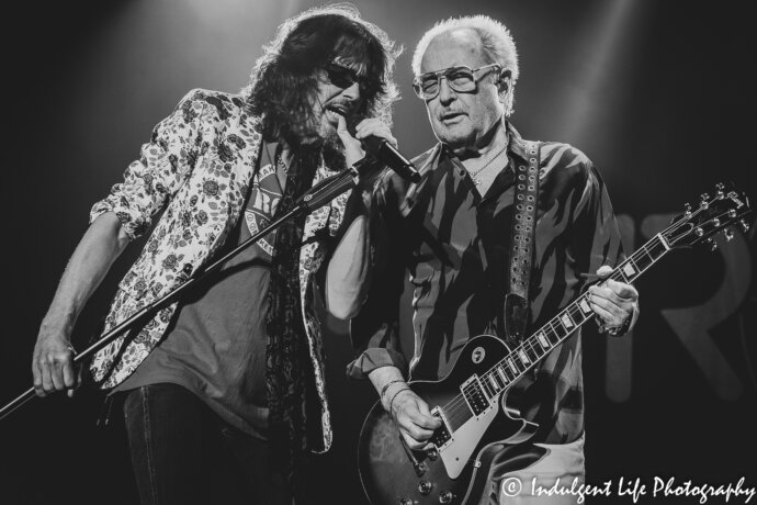 Foreigner lead singer Kelly Hansen and founding member Mick Jones live in concert at Starlight Theatre in Kansas City, MO on July 17, 2018.